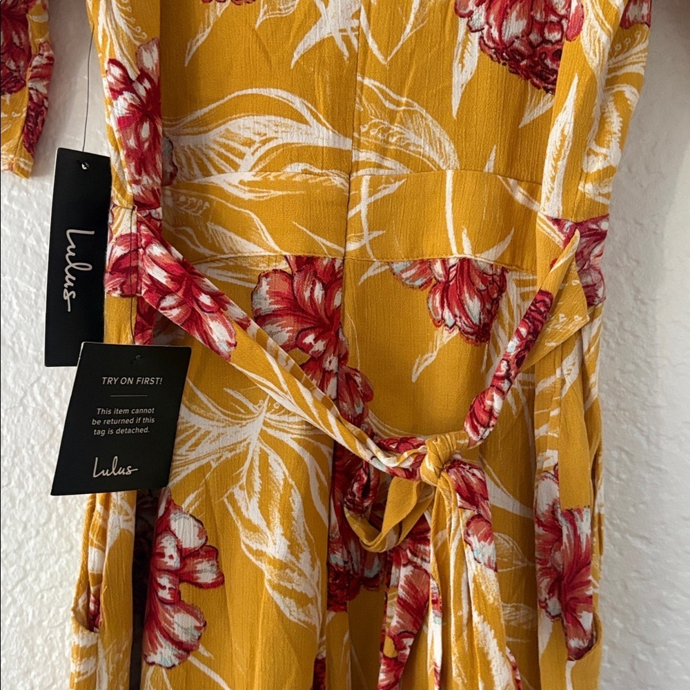 NWT Lulus Garden's Glory Mustard Yellow Floral Print Culotte Jumpsuit - Picture 12 of 16